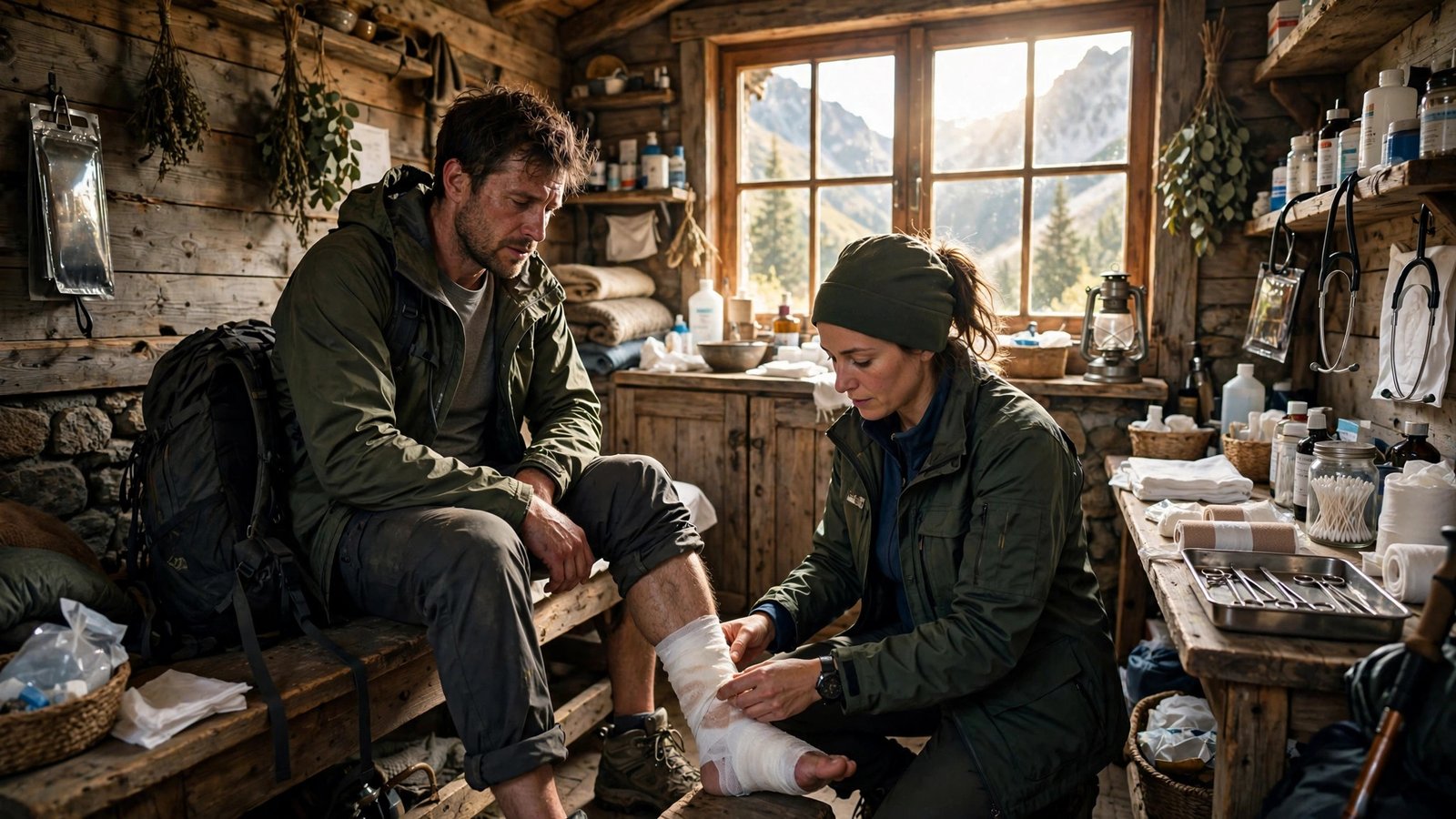 Injured hiker receiving emergency care at a mountain clinic abroad.