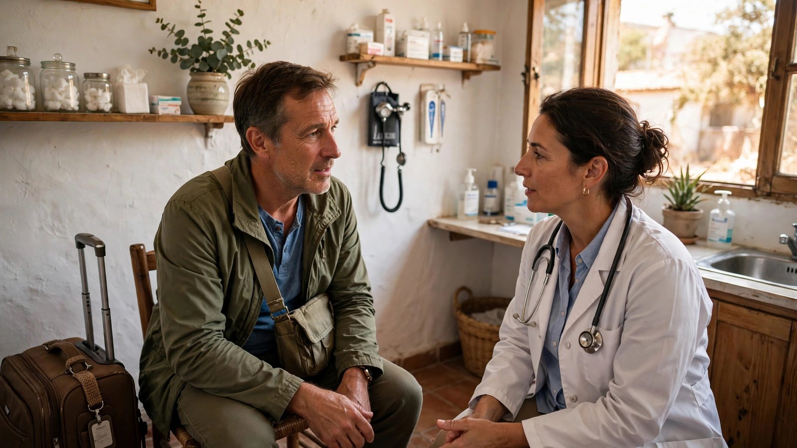Traveler consulting a doctor in a small foreign clinic with a suitcase beside the chair.