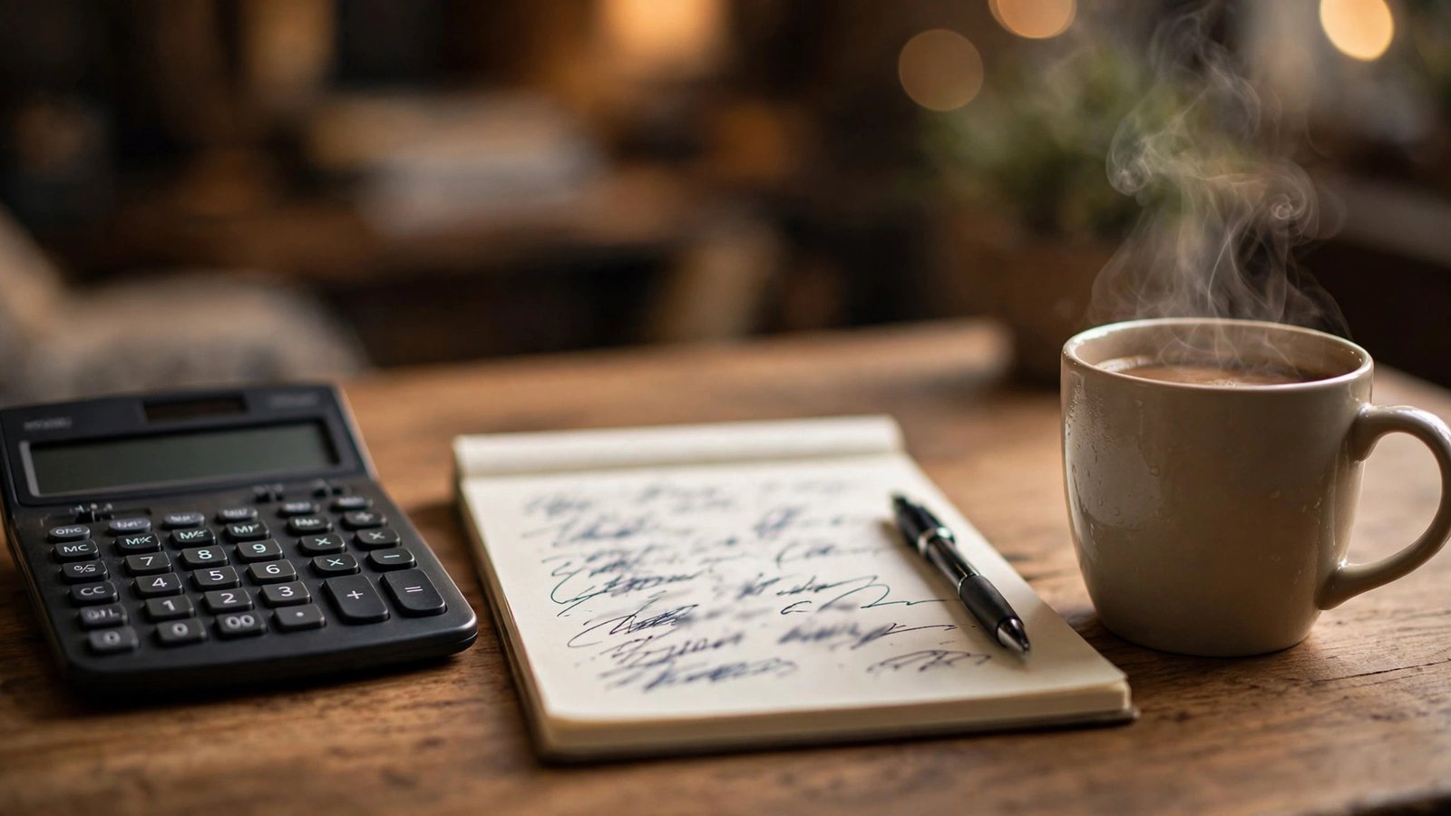 A calculator, notepad and pen arranged on a wooden desk beside a steaming mug of coffee in warm home office light.
