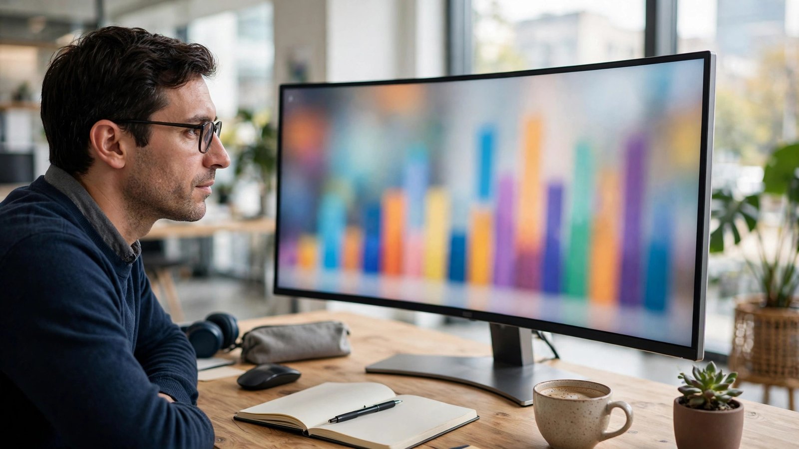 Data analyst studying blurred colorful charts on a monitor in a bright office, illustrating actuarial risk calculation.