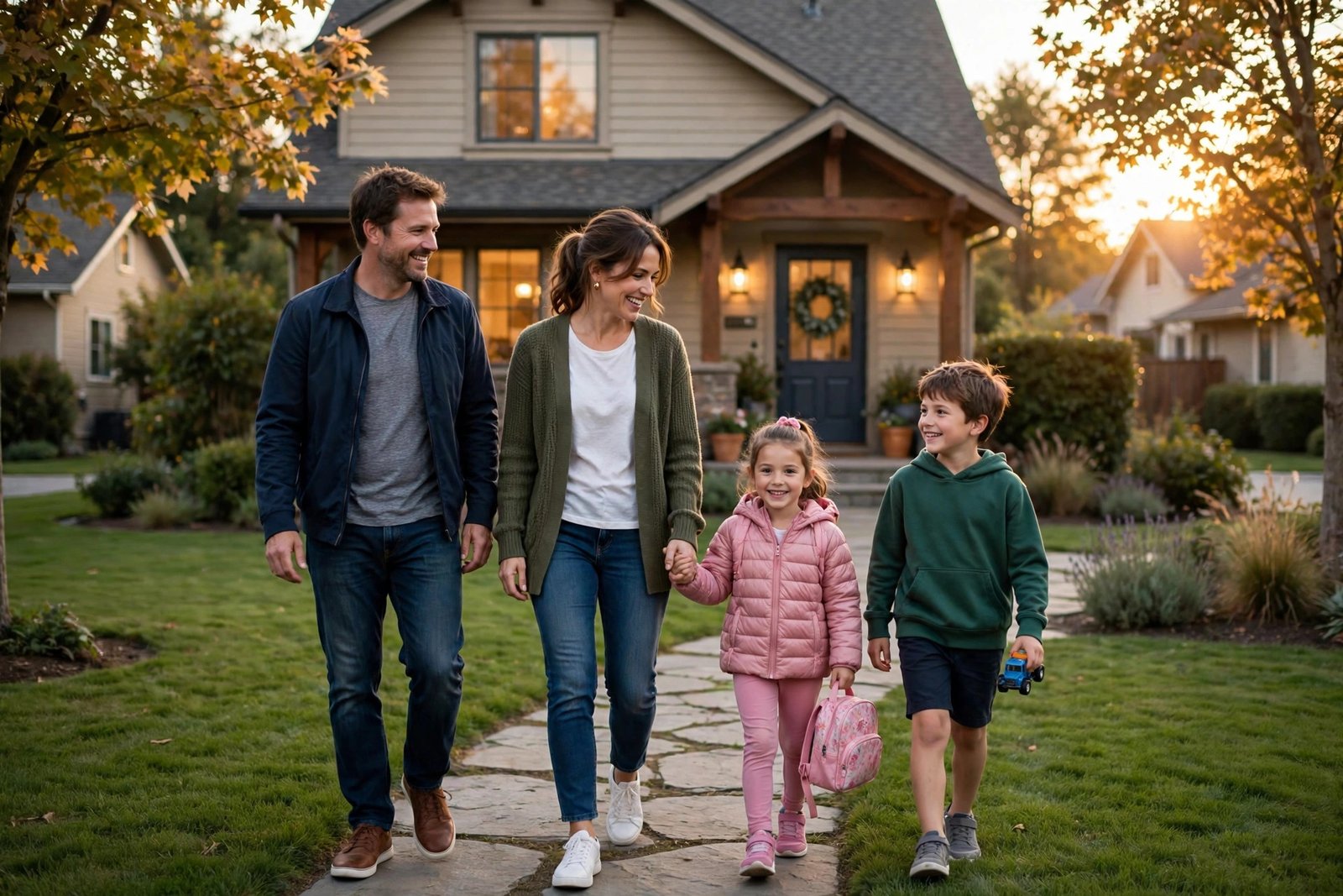 Parents and children walking toward their suburban home at sunset