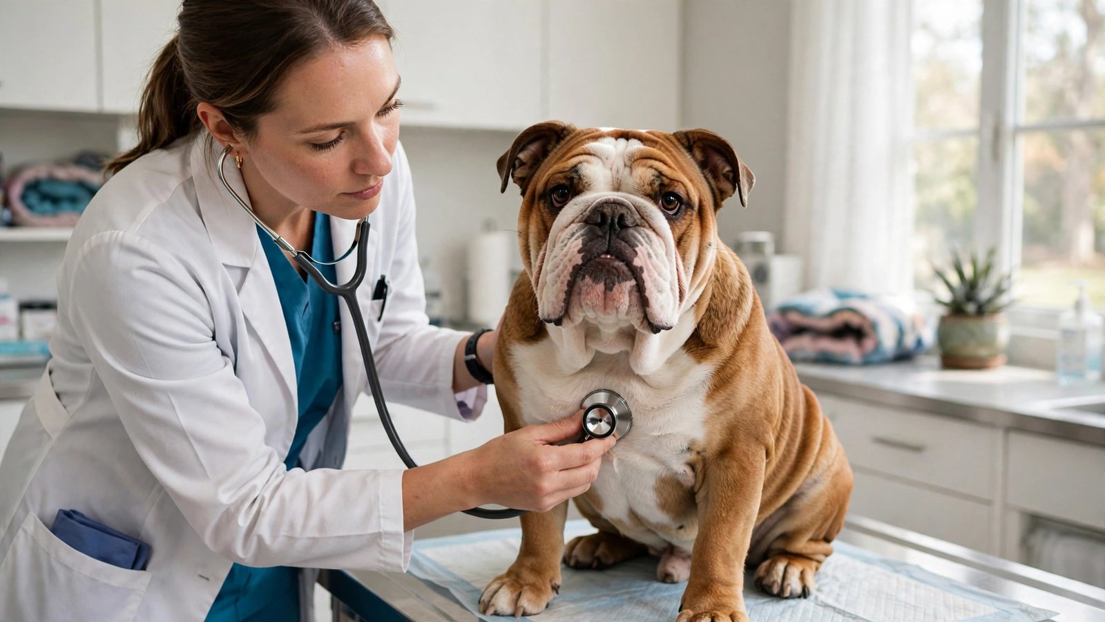 A veterinarian checking an English bulldog's chest with a stethoscope.
