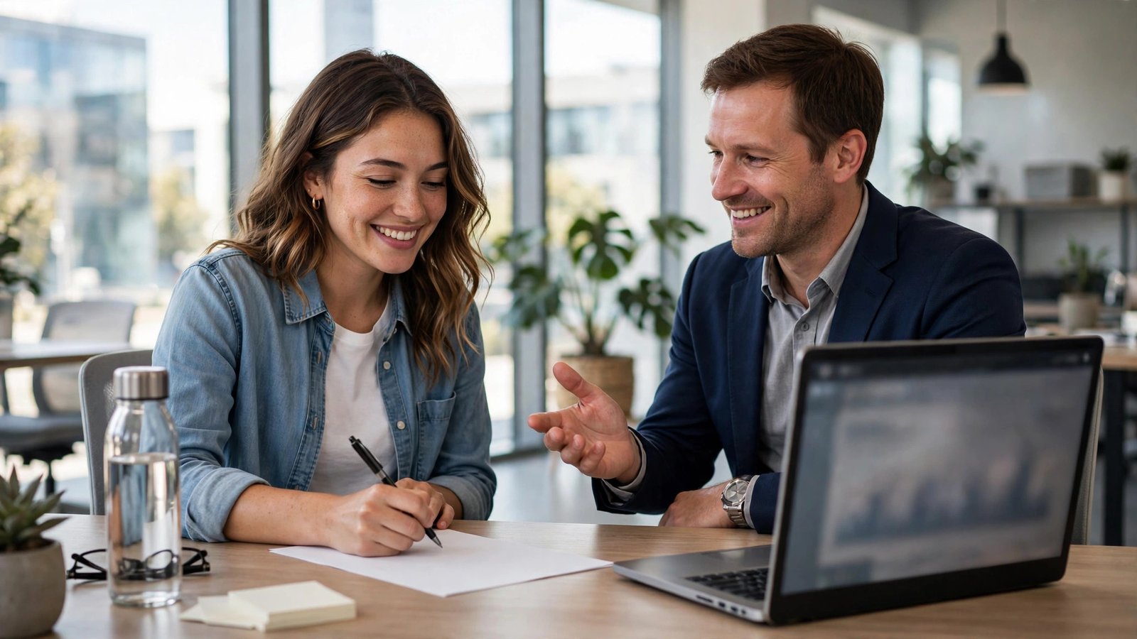 Smiling woman signing new insurance paperwork at a bright office desk