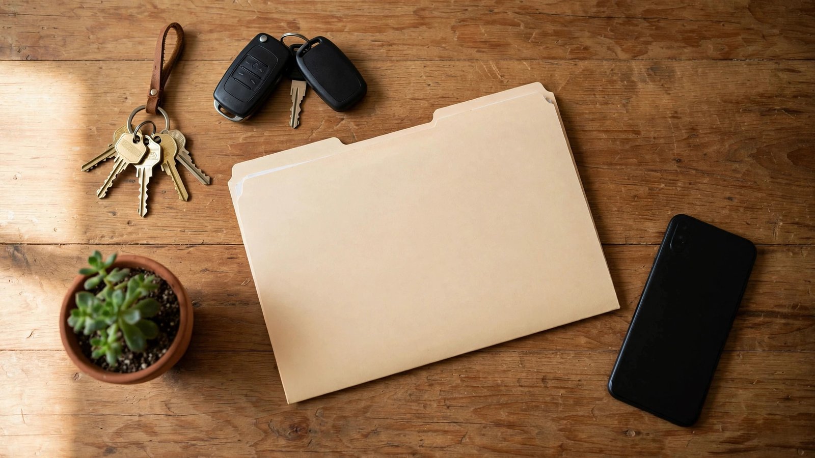 Flat lay of house keys, car keys, documents, a smartphone and a plant on a wooden table.