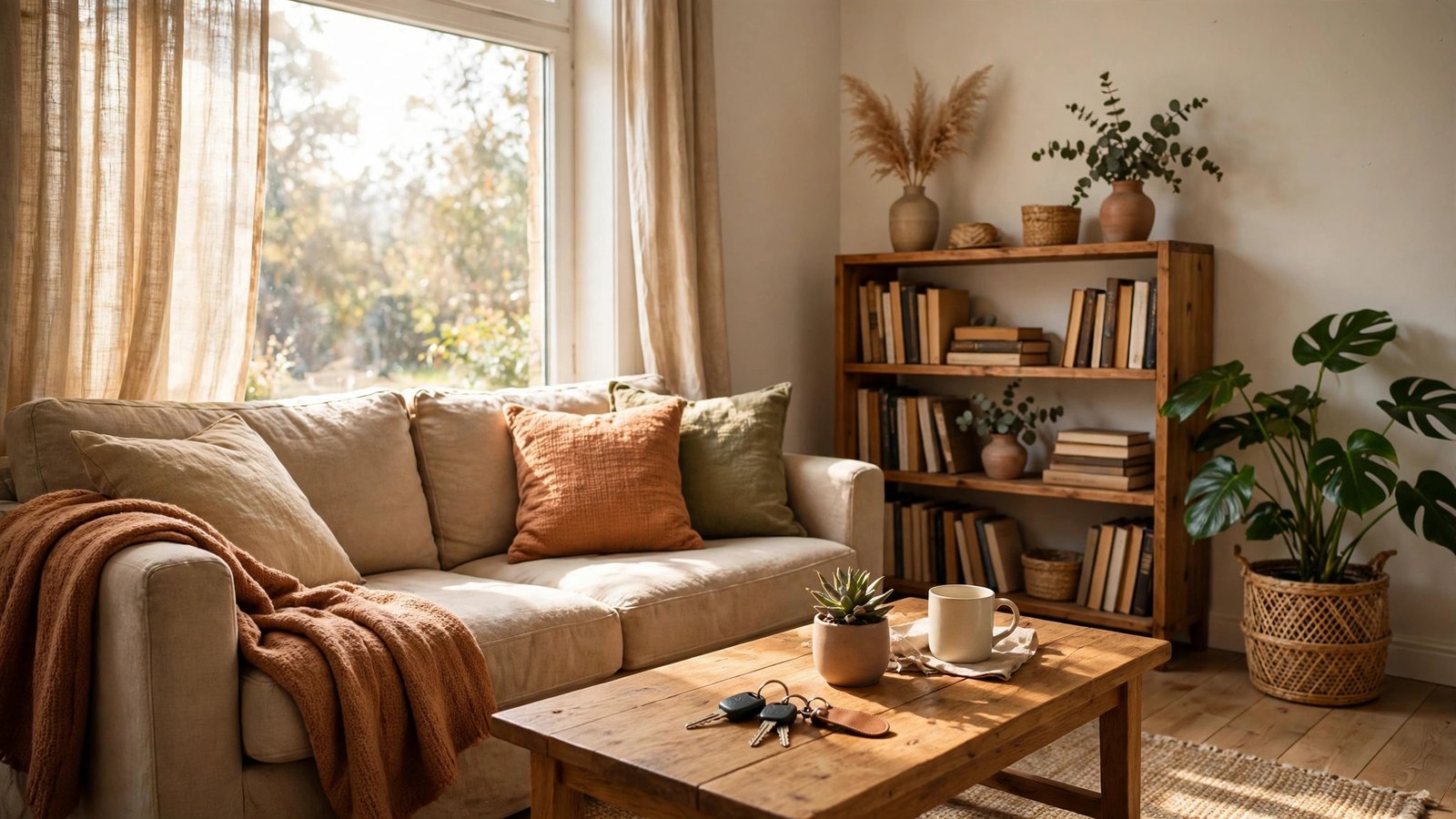 A cozy rental apartment living room with car keys resting on the coffee table.
