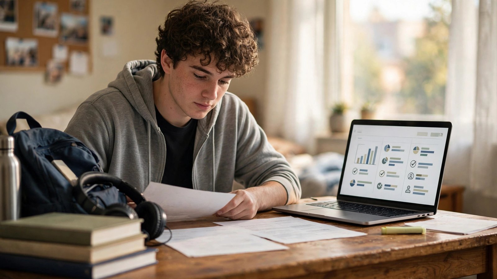 College student reviewing health insurance documents and a laptop at a dorm desk in natural window light.