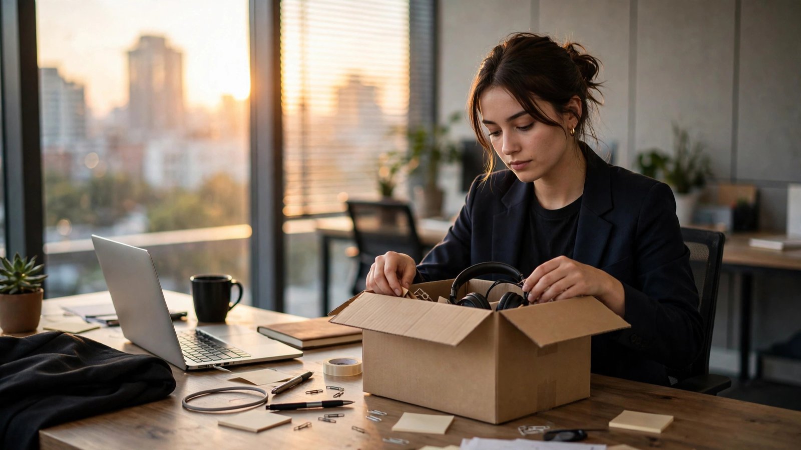 Young professional packing a cardboard box of office supplies on their last day at work.