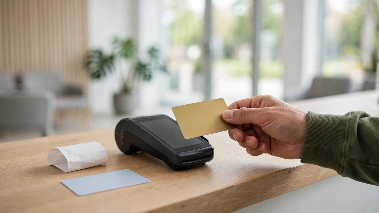 A hand paying with a credit card at a bright medical clinic reception counter with a receipt and a facedown insurance card.