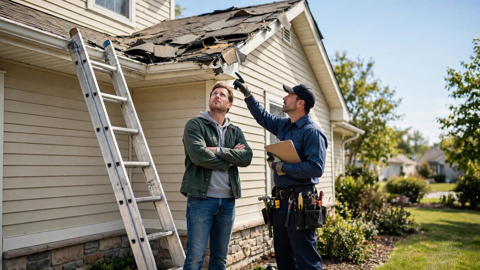 Homeowner and contractor inspecting a damaged roof section on a suburban house in bright daylight