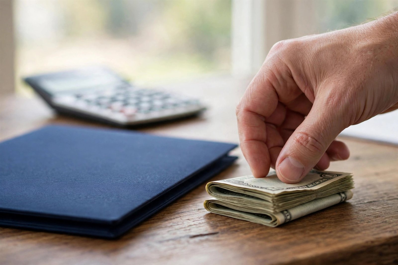 Close-up of a hand placing dollar bills on a desk beside an insurance policy folder, illustrating an out-of-pocket deductible payment.
