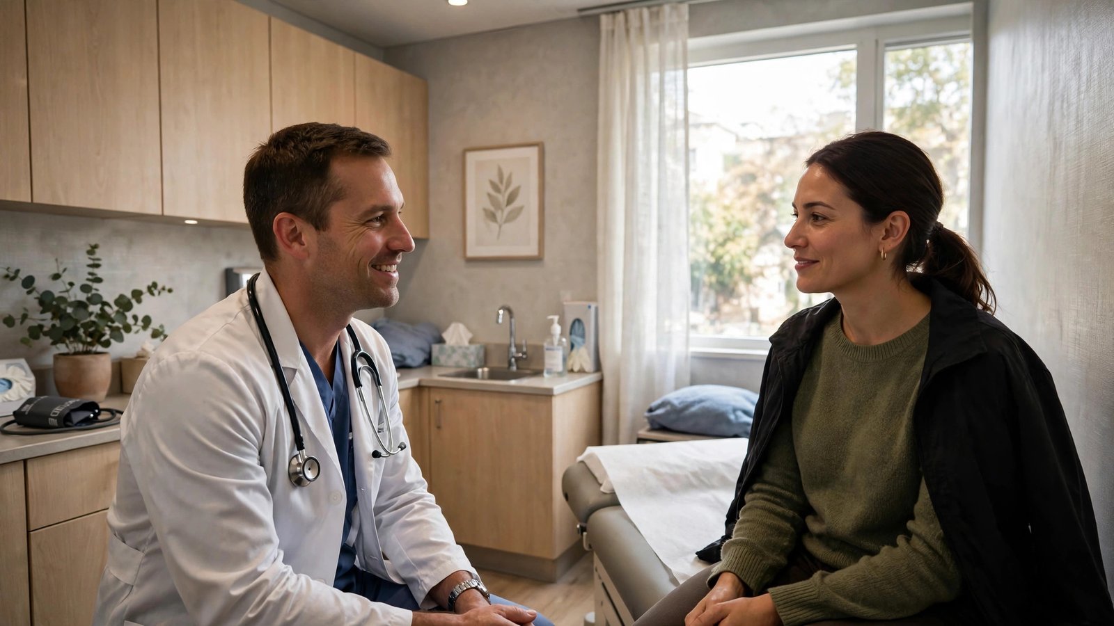 Friendly doctor in a warm personal consultation with a patient in a small modern clinic.
