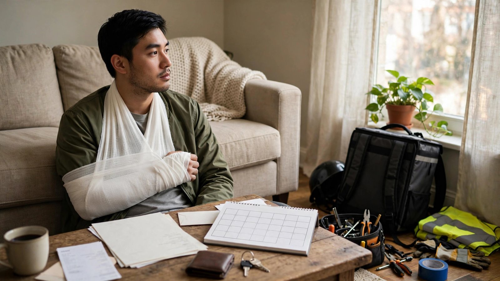 Injured gig worker resting on a couch with delivery gear set aside and bills on the coffee table