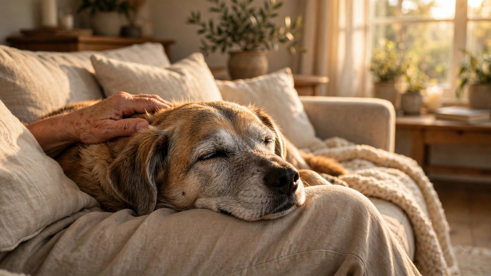 A senior dog with a grey muzzle resting its head on its owner's lap on a couch.