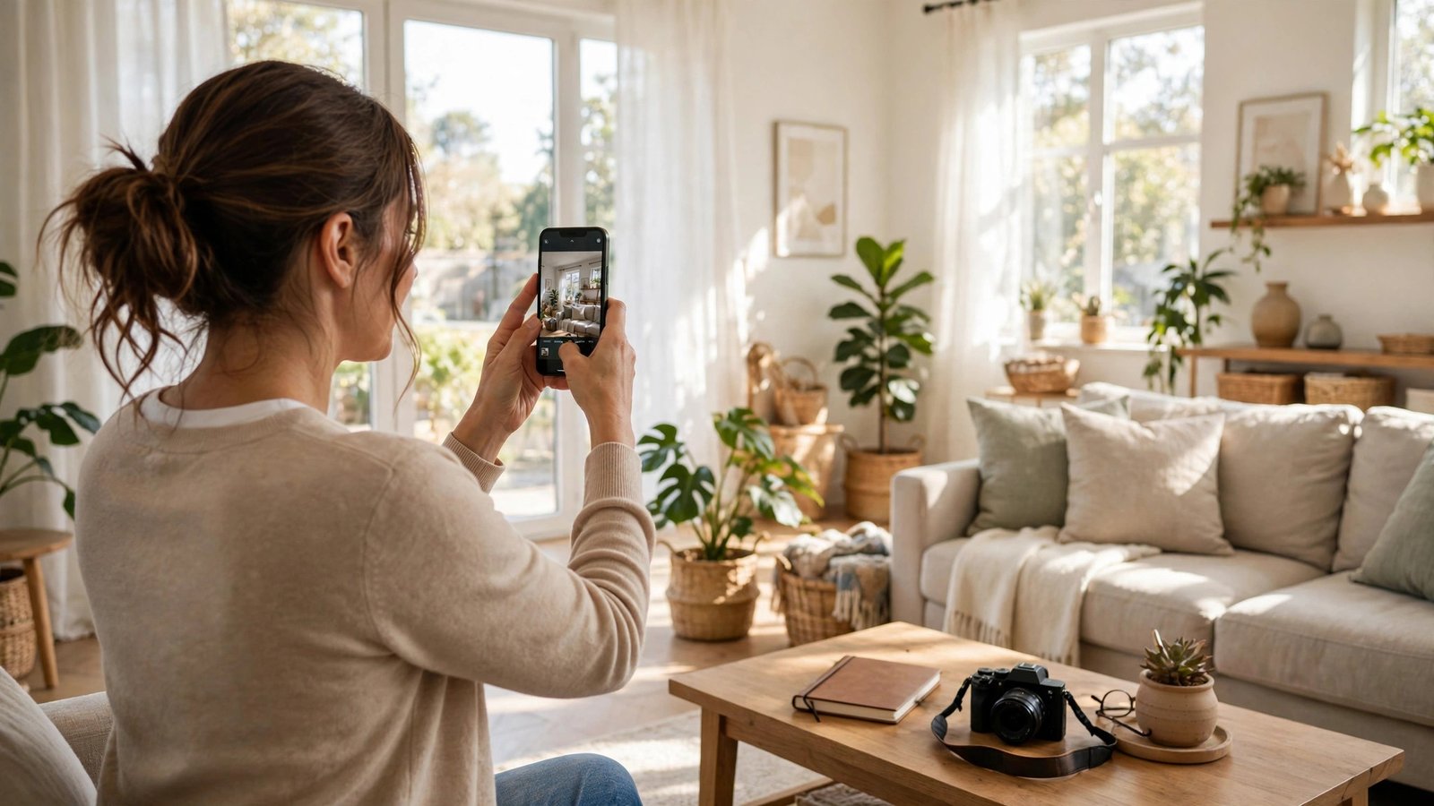 Homeowner photographing a living room with a smartphone to document belongings for insurance.