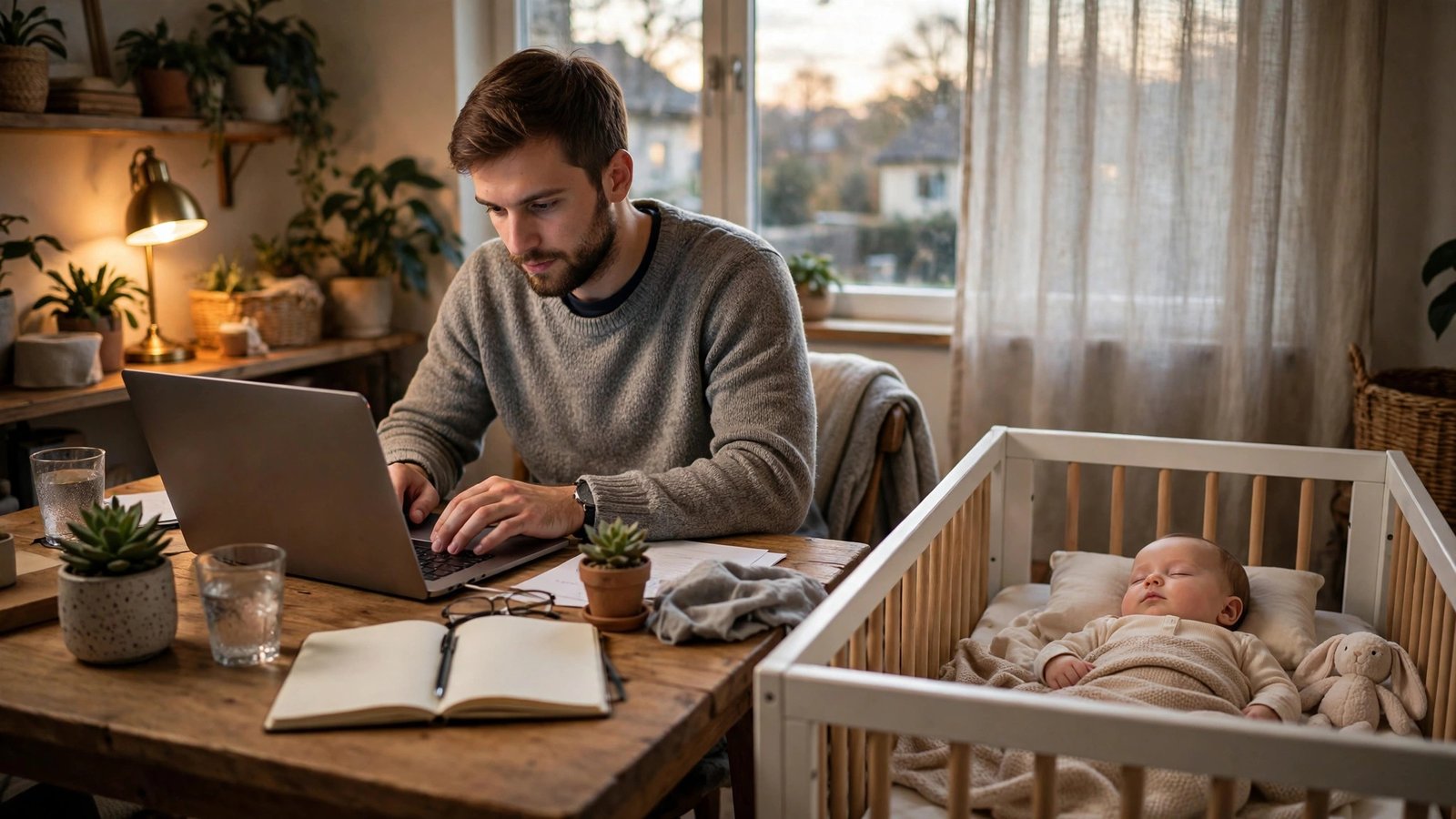 Young father working on a laptop at home with his sleeping baby in a crib beside him