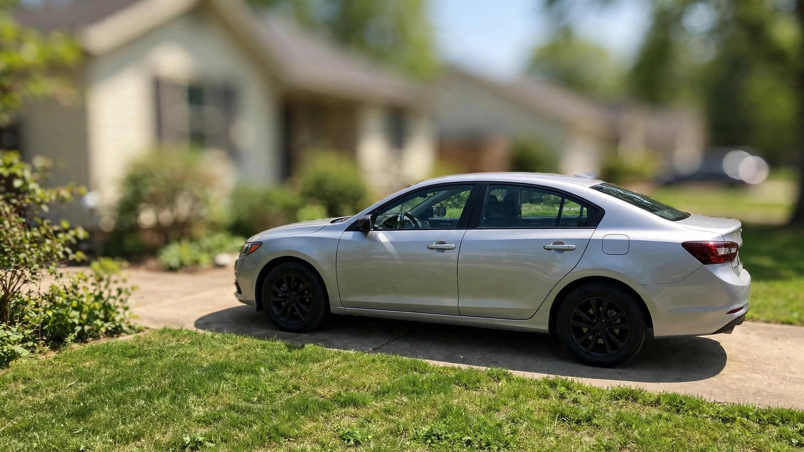 A practical silver family sedan parked in a sunny suburban driveway.
