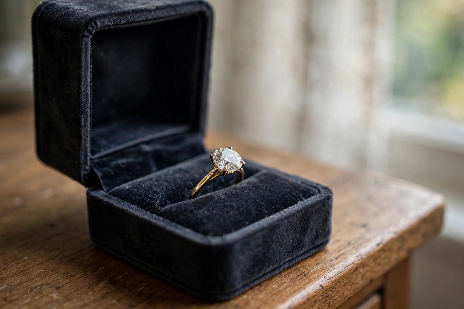 Sparkling diamond engagement ring in an open velvet box on a wooden dresser in soft window light