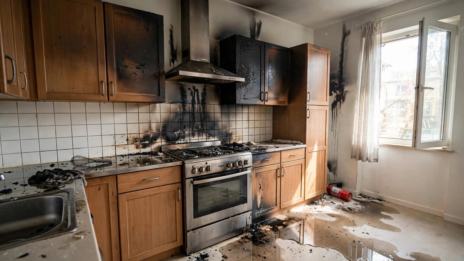 Apartment kitchen interior showing soot and smoke damage on walls and cabinets after a small fire