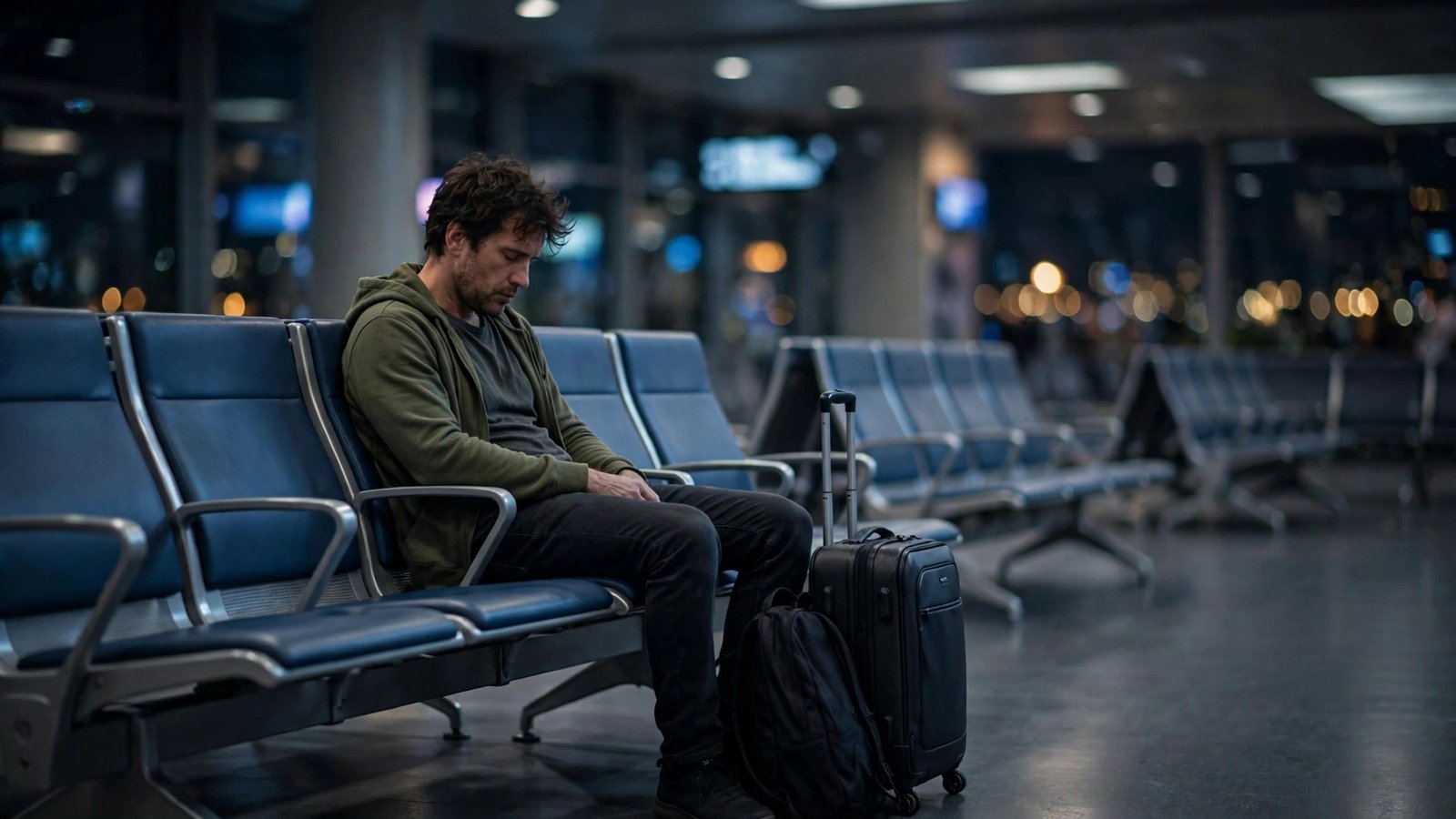 Weary traveler sitting alone on airport seats late at night beside a suitcase during a long flight delay.