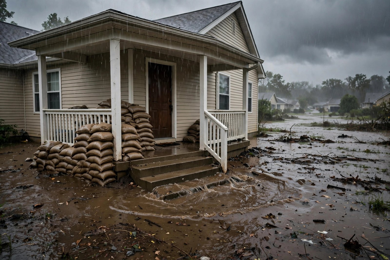 Suburban home surrounded by rising floodwater during a heavy rainstorm with sandbags stacked at the door.
