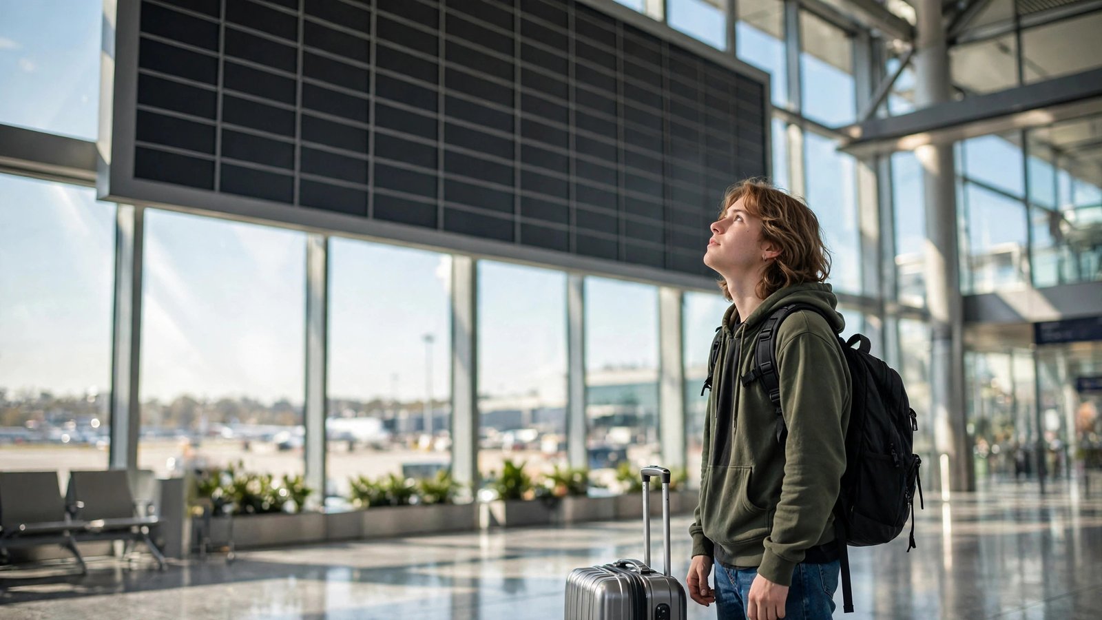 Young college student with a backpack and suitcase standing in an airport terminal looking at a departure board.