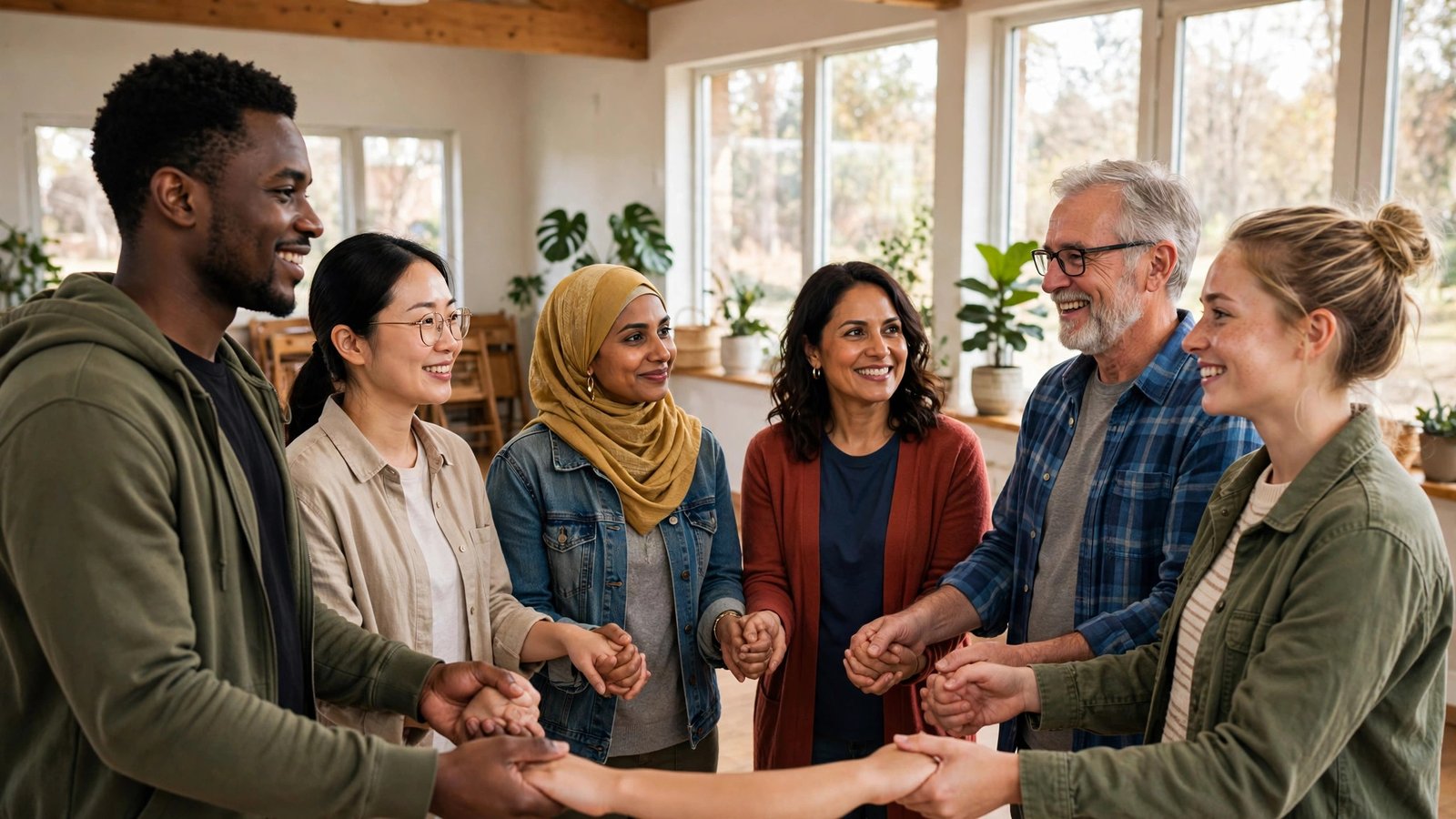 Diverse group of people holding hands in a supportive circle in a bright community hall.