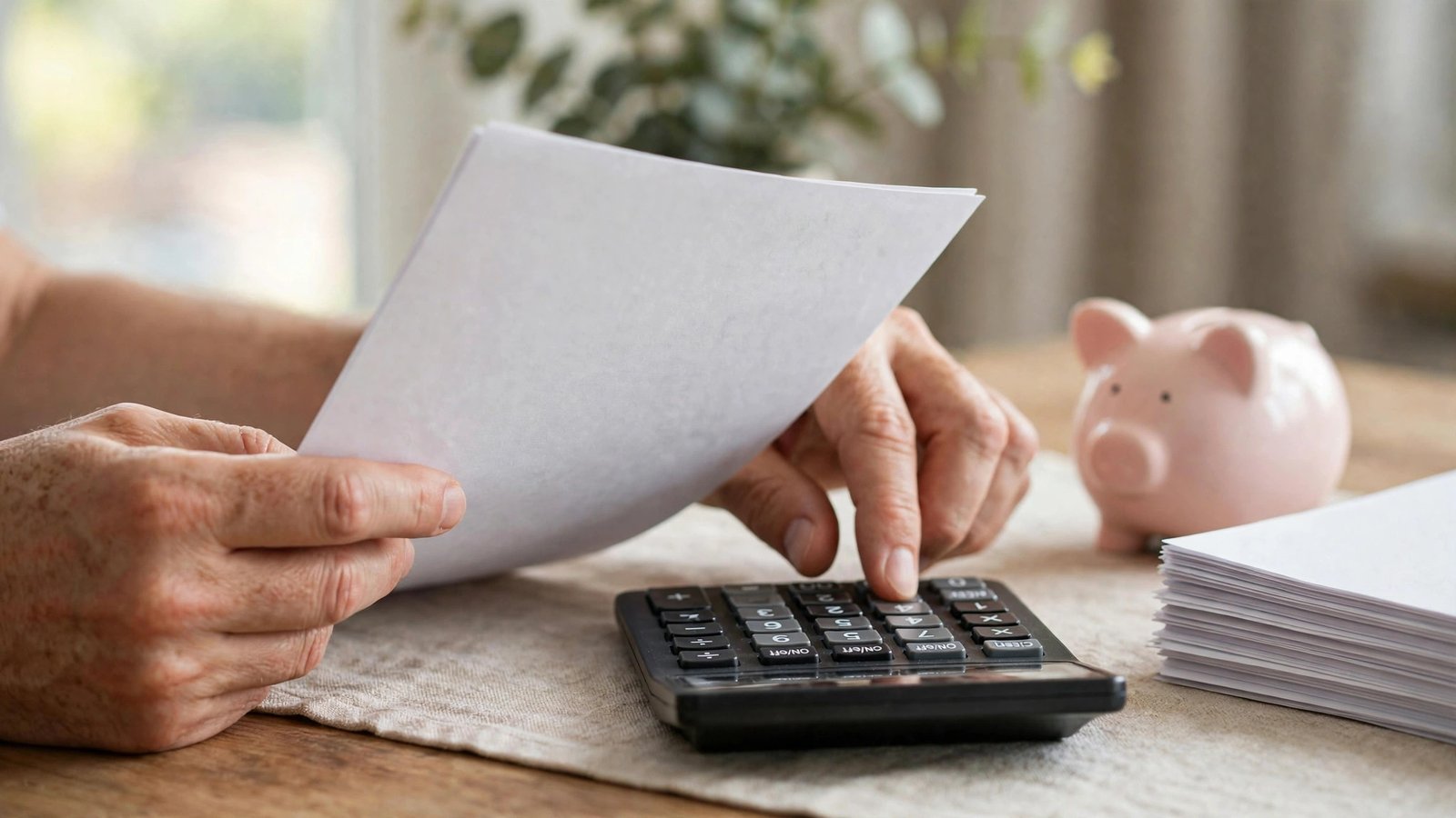 Hands reviewing a health savings account document with a calculator and piggy bank on a desk.