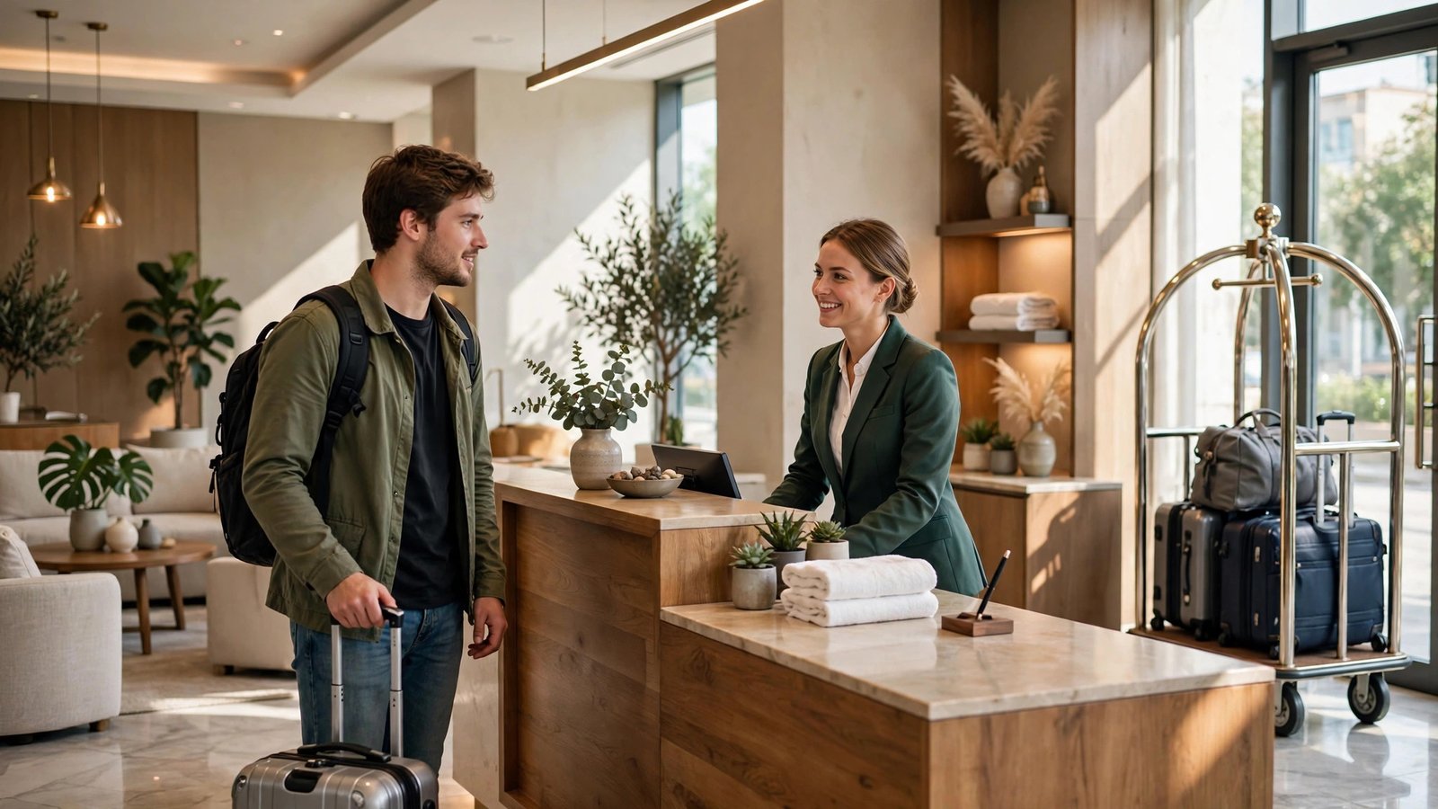 Young renter with a suitcase checking in at a bright modern hotel lobby after leaving a damaged apartment
