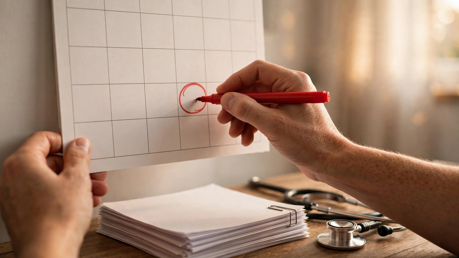 Hands circling a date on a wall calendar with a red marker beside medical paperwork and a stethoscope on a wooden desk.