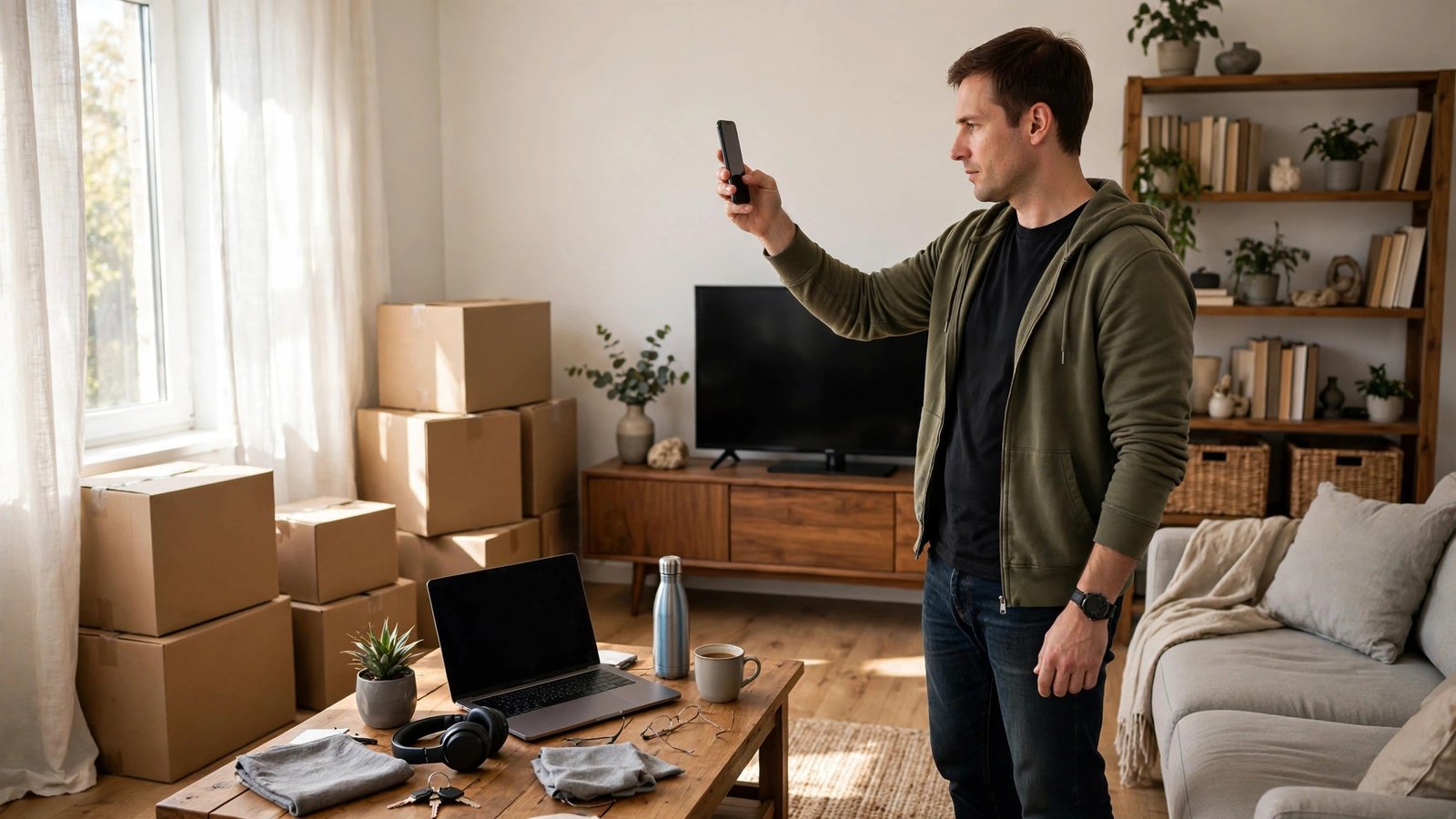 Person photographing living room belongings with a smartphone to build an insurance inventory