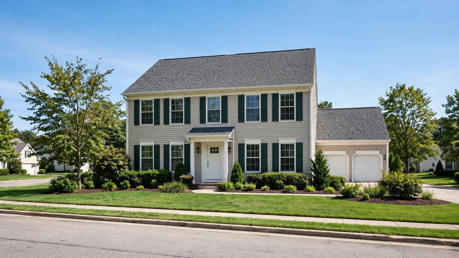 Suburban house with a new roof and storm shutters on a clear day.