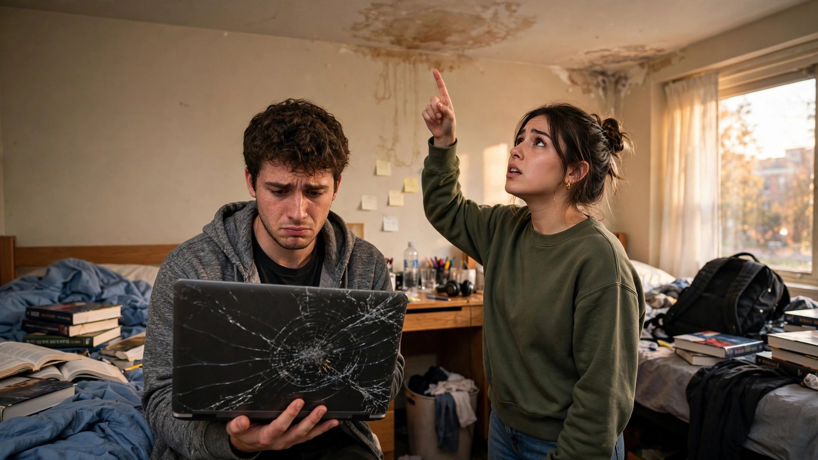 Two college roommates in a dorm room looking at a cracked laptop and a water stain on the ceiling.