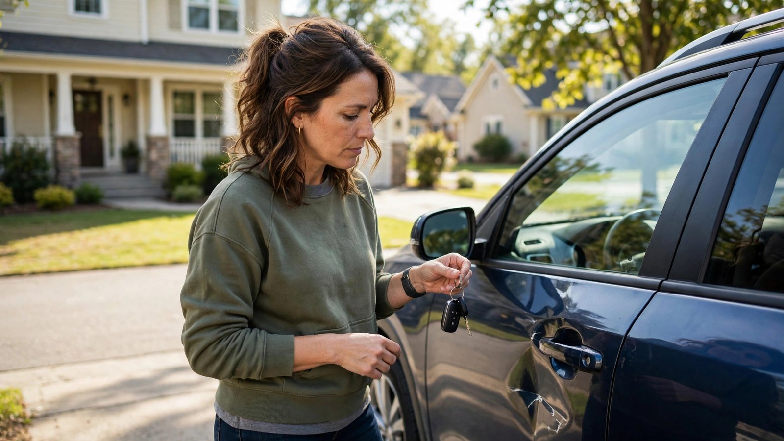 Homeowner inspecting a small car door dent in a driveway while deciding whether to file a claim