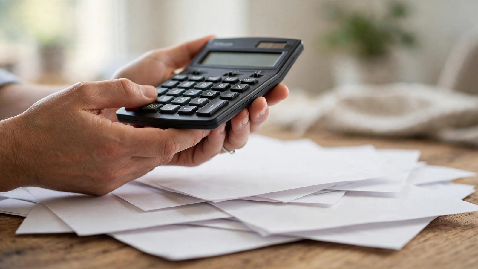 Hands holding a calculator over spread-out insurance policy documents on a wooden table