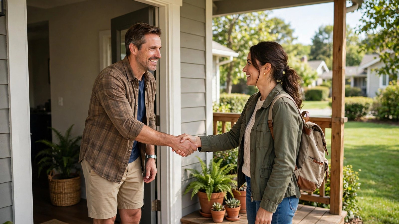 Homeowner shaking hands with a guest at the front door of a suburban house, illustrating personal liability coverage.