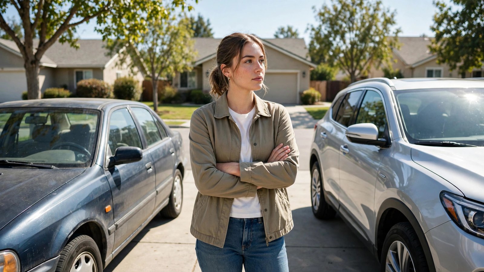 Young adult standing in a sunny driveway between an older sedan and a newer car.