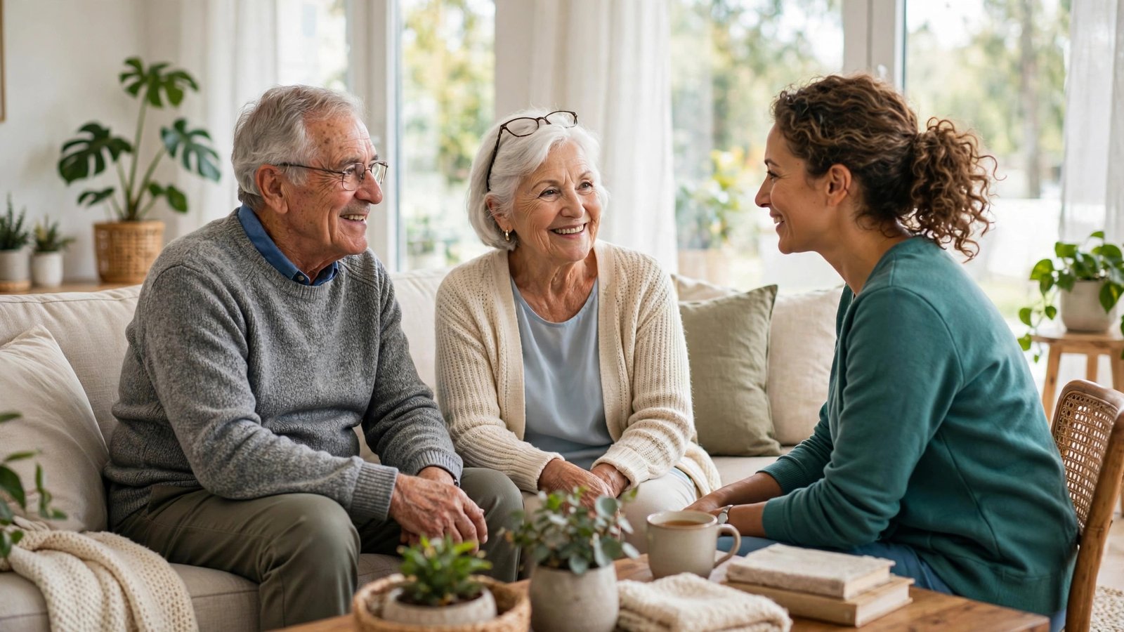 Senior couple speaking with a home caregiver in a bright living room.