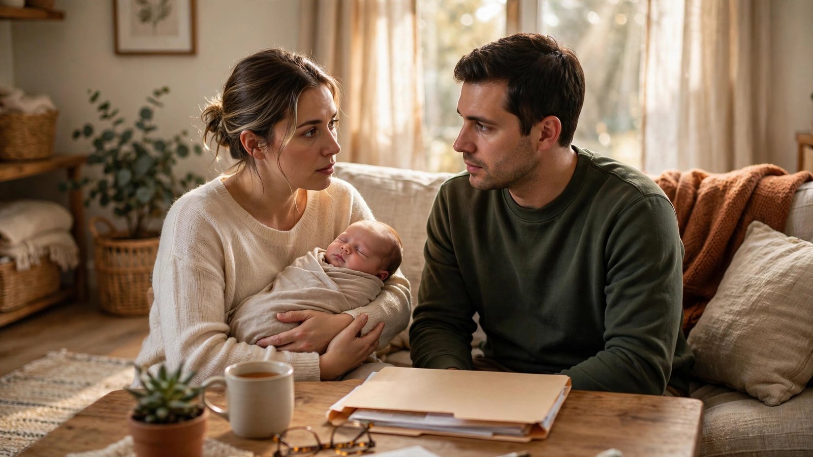 Young parents having a heartfelt talk on a couch while the mother holds their newborn baby