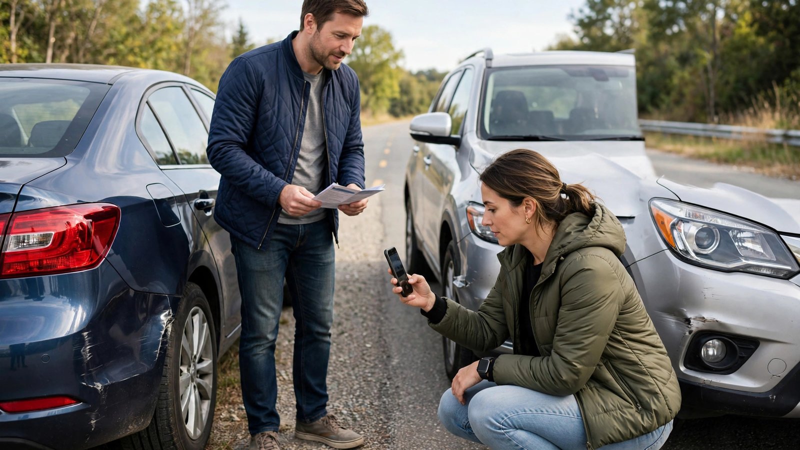 Two drivers calmly exchanging insurance information beside their cars after a minor fender bender