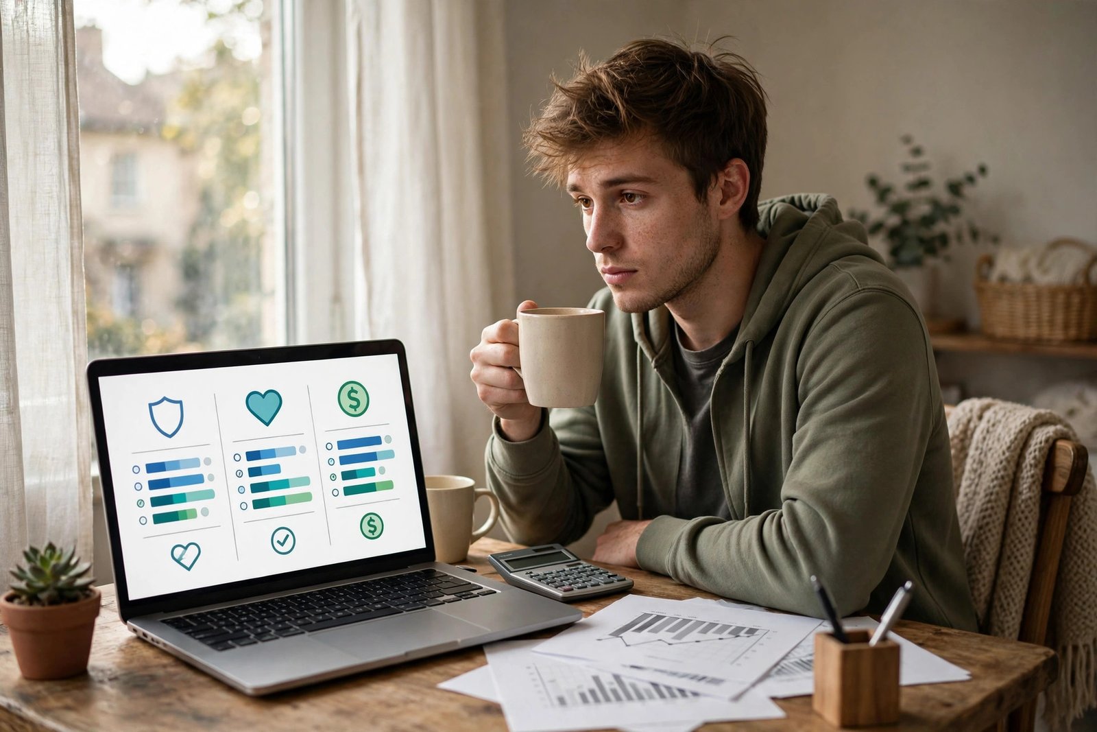 Young freelancer comparing health insurance plans on a laptop at a home desk in morning light