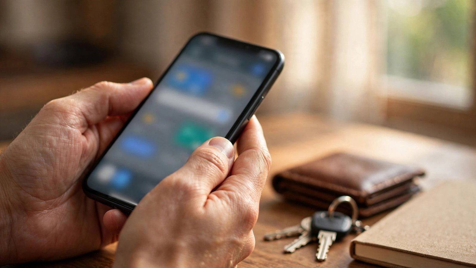 Hands holding a smartphone completing an insurance payment at a wooden desk with a wallet and car keys nearby.