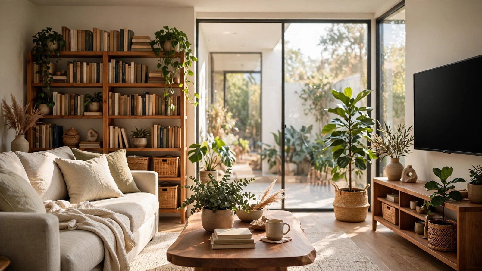 Bright modern living room with sofa, television, bookshelf and plants in warm natural light