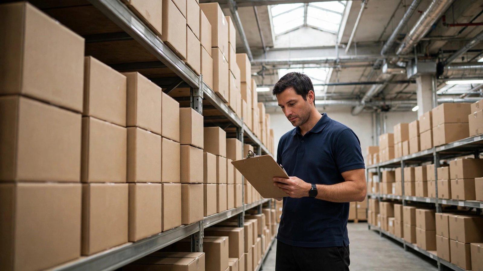 Warehouse worker inspecting product boxes for quality control.