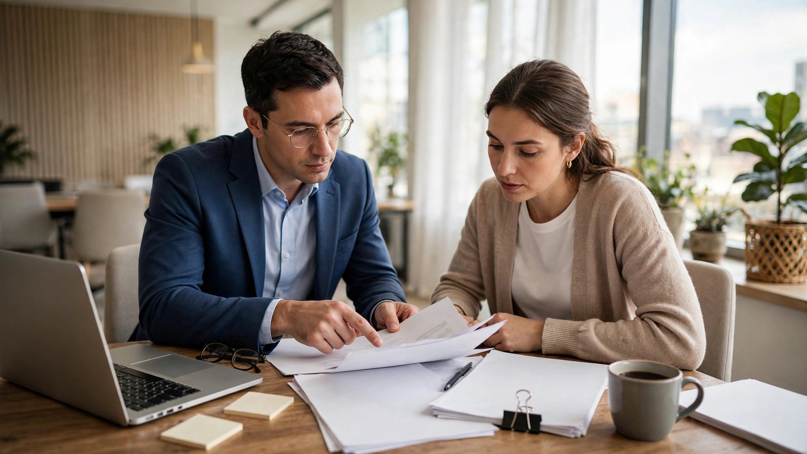 Professional consultant reviewing paperwork with a client in a bright modern office.
