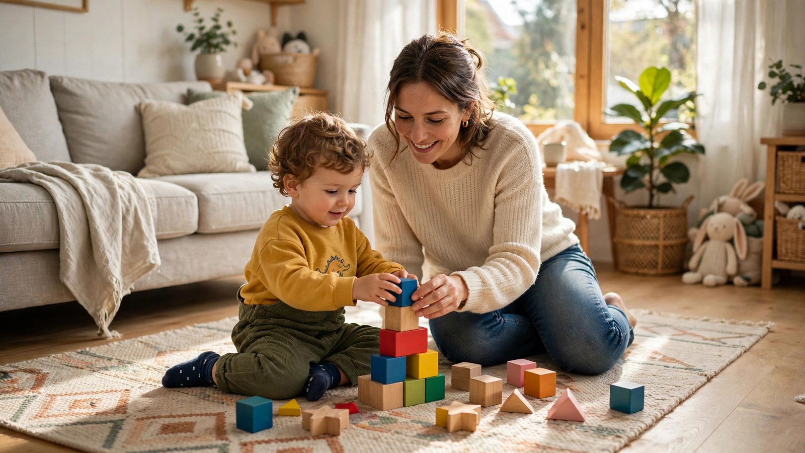Mother playing with her toddler on a living room rug in bright morning light