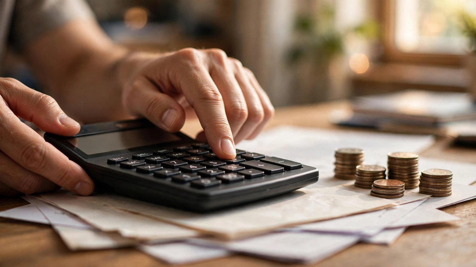 Hands using a calculator over insurance paperwork with stacked coins in warm home office light.