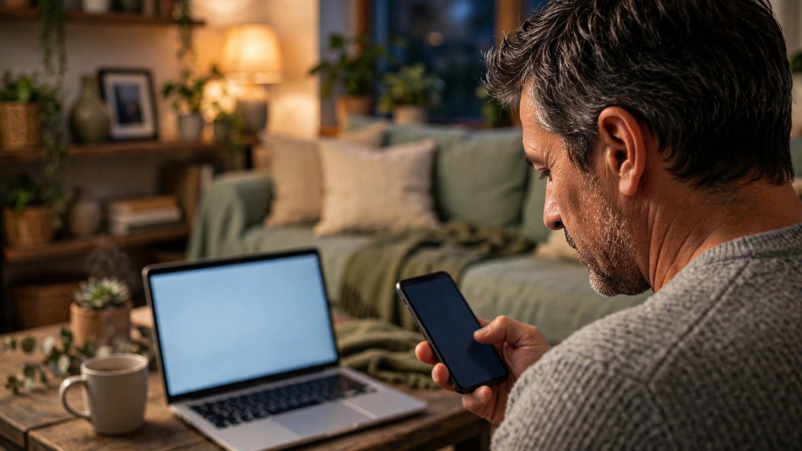 Person reading insurance reviews on a smartphone in a cozy living room