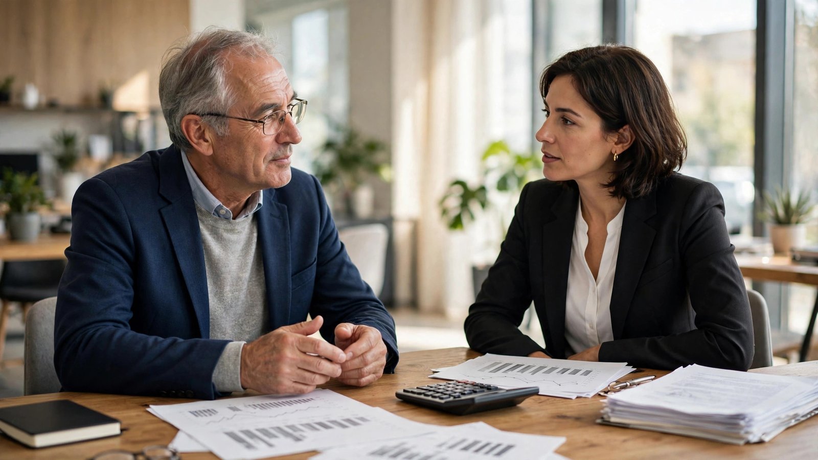 Senior man reviewing retirement income documents with a financial advisor in a bright office.