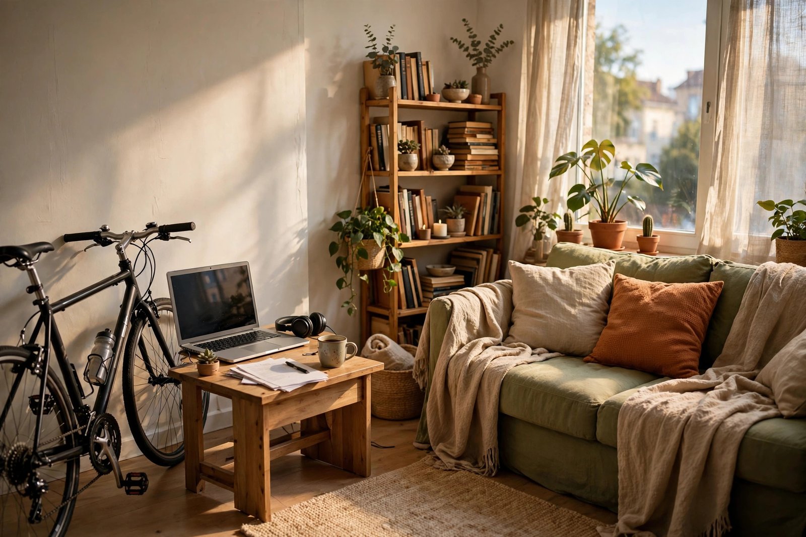 Bright rented apartment with a laptop, bicycle, bookshelf and plants in warm afternoon sunlight.