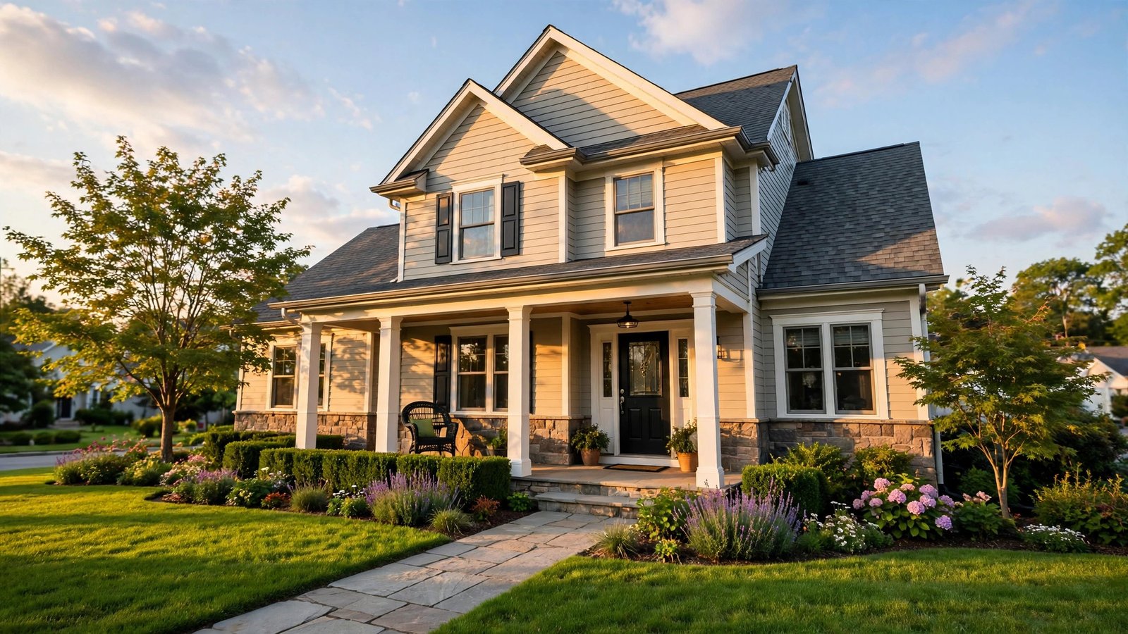 Well-kept suburban family home with a tidy garden in warm golden hour light.